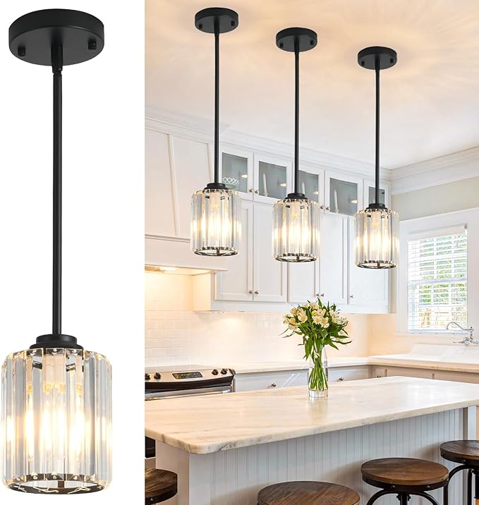 Black Pendant Lights Kitchen Island 3 Pack,Modern Crystal Mini Chandelier Ceiling Hanging Pendant Light Fixtures for Kitchen Hallway Dining Room Bedroom