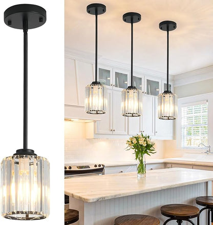 Black Pendant Lights Kitchen Island 3 Pack,Modern Crystal Mini Chandelier Ceiling Hanging Pendant Light Fixtures for Kitchen Hallway Dining Room Bedroom