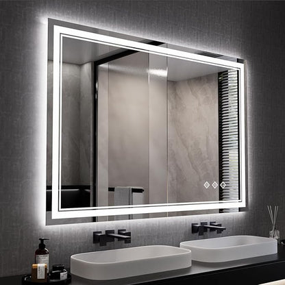 Bathroom Mirror, 44x30 Inch Gradient Front and Backlit Smart Mirror, 3 Colors Dimmable CRI>90 Double Lights, IP54 Enhanced Anti-Fog, Hanging Plates Wall Mount LED Mirror