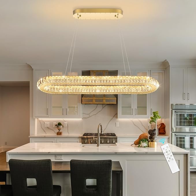 LED Ring Chandelier Oval Rings Pendant Lights for Dining Table Kitchen Island Remote Dimmable Hanging Light Chandeliers for Entryway Living Room Crystal Lighting Gold