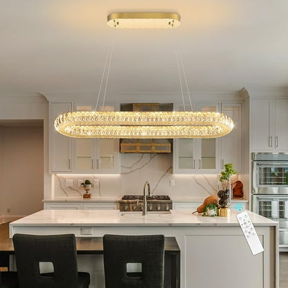 LED Ring Chandelier Oval Rings Pendant Lights for Dining Table Kitchen Island Remote Dimmable Hanging Light Chandeliers for Entryway Living Room Crystal Lighting Gold