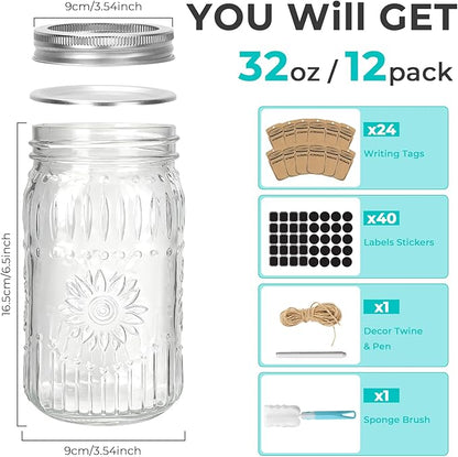 CycleMore Wide Mouth Mason Jars 32oz, 12Pack Glass Canning Jars with Metal Airtight Lids and Bands, 1Quart Large Food Canister forJam Making, Pantry Organization & Party Decor