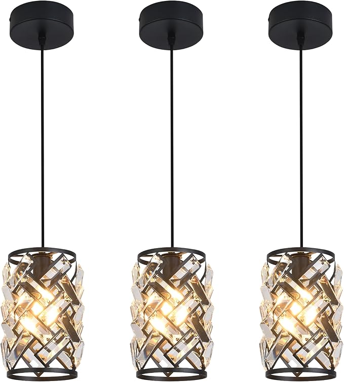 3 Pack Black Pendant Lights Kitchen Island, Kitchen Island Dining Room Light Pendant Lighting Fixtures High end Crystal Chandelier Over Island Table Modern Hanging Light for Bar Dining Room