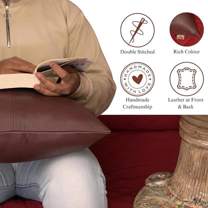 Lambskin Leather Pillow Cover, Hand Panel Stitched Leather Decorative Throw Pillow Covers for Couch Sofa Bed Living Room Garden (16x16 Inches, Deep Maroon Pack of 1)