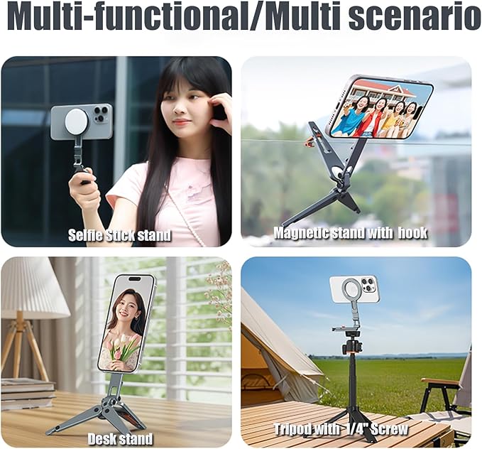 Magnetic Phone Tripod Stand Portable Cell Phone Holder Strong Magnet Mini Pocket Smartphone Mount Foldable Selfie Stick Tripod with 1/4" Screw Hole & Hook for iPhone 17 16 15 14 13