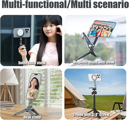 Magnetic Phone Tripod Stand Portable Cell Phone Holder Strong Magnet Mini Pocket Smartphone Mount Foldable Selfie Stick Tripod with 1/4" Screw Hole & Hook for iPhone 17 16 15 14 13