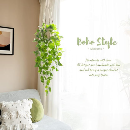 Mkono Fake Hanging Plant with Pot, Artificial Plants for Home Decor Indoor Macrame Plant Hanger with Fake Vines Greenery for Bedroom Bathroom Kitchen Office Decor, Ivory (Pothos)