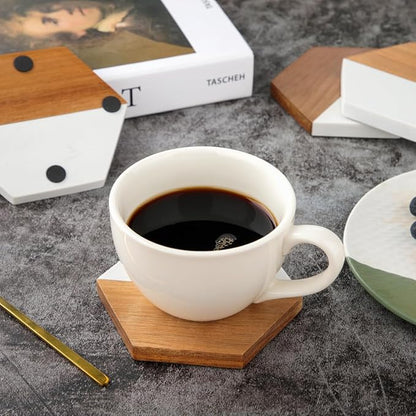 Wood Marble Coasters for Drinks, Modern Rustic Acacia Hexagon Coaster Set Decorative Bar Coaster for Living Room Coffee Wooden Table Beer Mug Christmas Housewarming Wedding Home Decor 4Pcs