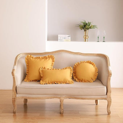 ISAENNE 2 Pieces Classic Yellow Round Throw Pillow Cover Diameter 16", Solid Color Farmhouse Linen Cotton Decor Pillow Cover with Ruffles, Sturdy Throw Pillow Case for Couch Sofa Bed Living Room