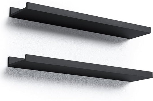 Boswillon Long Floating Shelves, 2 Set Modern Black Wall Shelf for Bedroom, Nursery Book Shelf with Lip, Picture Ledge Shelf for Living Room Bathroom Kitchen - Black,23.6 In