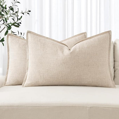 MIULEE Decorative Linen Lumbar Pillow Covers 12x20 Inch Natural Beige Boho Farmhouse Neutral Christmas Couch Throw Pillows for Bed Pack of 2 Accent Modern Pillowcase Sofa Livingroom Home Decor