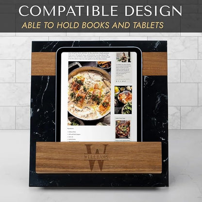 Personalized Cookbook Stand – Custom Engraved Acacia Wood & Black Marble Recipe Book Holder with Weighted Base – Rustic Design, Tablet & Cookbook Stand for Kitchen Counter, 12 × 11 × 7.5 