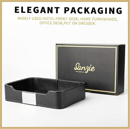 SANZIE Luxury Leather Tray Desktop Storage Catchall Organizer Decorative Tray for Entryway Table to Hold Jewelry Watch Keys Phone Wallet (Metal Silvered, Black)