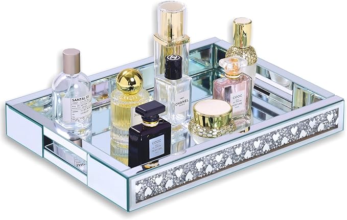 Crush Diamond Mirror Perfume Tray, Silver Glass Mirror Trays for Vanity, Heart Pattern Table Trays Decorative, Vanity Trays for Bedroom Dresser Bathroom(15”x11”x2”)