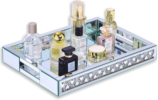 Crush Diamond Mirror Perfume Tray, Silver Glass Mirror Trays for Vanity, Heart Pattern Table Trays Decorative, Vanity Trays for Bedroom Dresser Bathroom(15”x11”x2”)