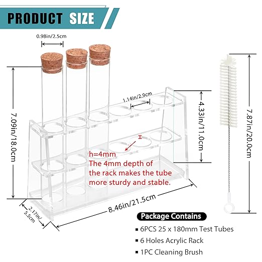 6pcs 60ml Glass Test Tube with Cork Stopper, 25x180mm Storage Tube with Cap, 6 Holes Acrylic Rack, Plant Propagation Vase, Tube Set for Scientific Experiments Lab Candy Liquid Party Decor