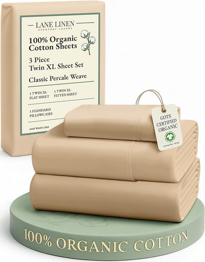 LANE LINEN Twin XL Sheets Set, 100% Mercerized Organic Cotton Twin XL Bed Sheets Set with sily Touch Finish, Soft and Comfy Fully Elasticized Percale Weave Low Pilling XL Twin Sheets Set -Linen