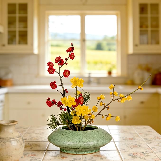 Ceramic Flower Pot Flower Arrangement Set Japanese Ikebana Floral Art Supplies Handmade Flower Bowl Decorative Flower Vase for Centerpieces (Small Green)
