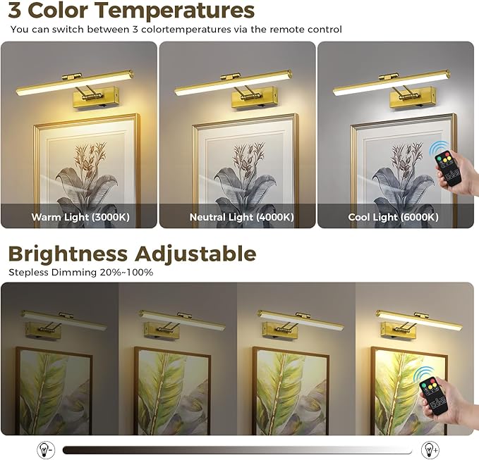 JUSHENG Battery Operated Picture Lights for Wall Brass 3CCT Dimmable Gallery Lights with Remote and Timer Wireless Painting Lights for Artwork, Display, Portraits 15.35'' Inch 3W
