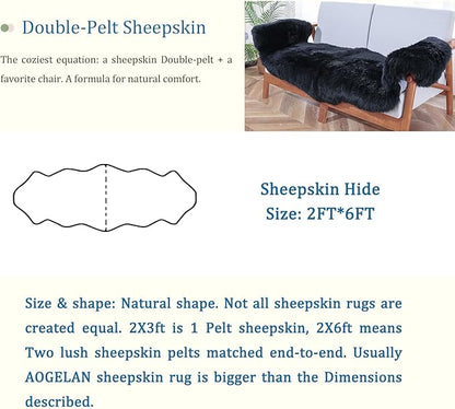 Fluffy Patchwork Sheepskin Rug with Little Patches-Fuzzy Shaggy Fur Genuine Wool Area Carpet for Bedroom Living Room Floor, Pray Pup Mat, Chair Sofa Seat Cover Black 2' x 6'