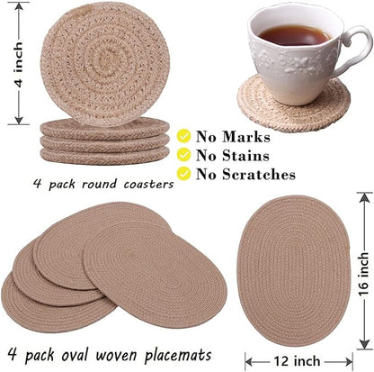 4 Pack Oval Jute Woven Placemats and Set of 4 Round Fabric Coasters, Cotton Braided Placemats Set, Dining Table Mat, Heat-Resistant Pot Holders, Washable Place Mats