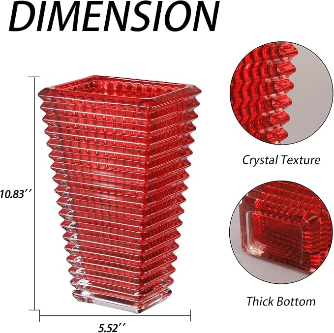 MCMCNCUIU Crystal Glass Vase, Large Crystal Vases for Flowers, Large Flower Vase, Red Modern Vases for Living Room, Bedroom, Kitchen, Dining Table, Mantle, Wedding, 11 Inches
