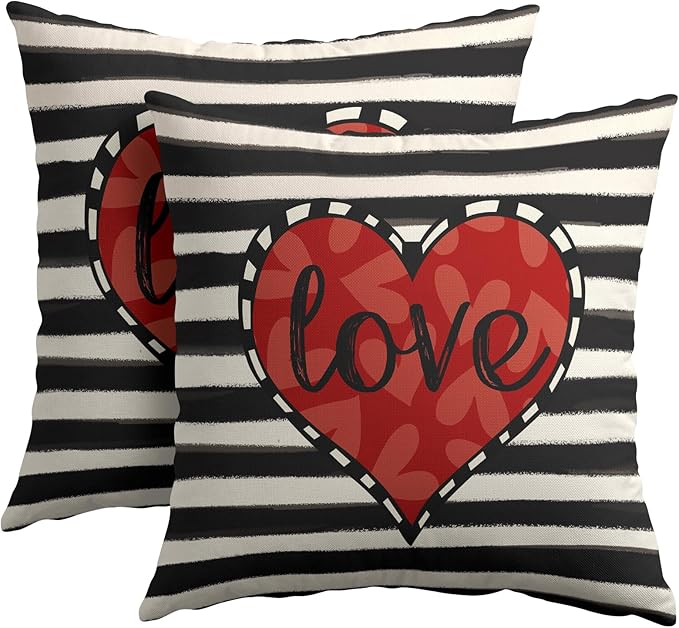Valentines Day Pillow Covers 22x22 Set of 2 Black Red Heart Throw Pillow Covers Striped Love Pillowcase Linen Decoration Farmhouse Holiday Cozy Soft Cushion Case Couch for Indoor Outdoor Home Decor