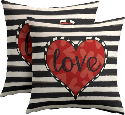 Valentines Day Pillow Covers 22x22 Set of 2 Black Red Heart Throw Pillow Covers Striped Love Pillowcase Linen Decoration Farmhouse Holiday Cozy Soft Cushion Case Couch for Indoor Outdoor Home Decor