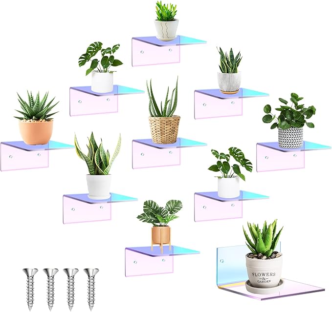 Yalikop 10 Pieces Small Floating Shelves for Wall 4'' Acrylic Mini Wall Shelf Acrylic Display Shelf Clear Hanging Shelves Room Decor for Bedroom, Bathroom, Living Room, Office