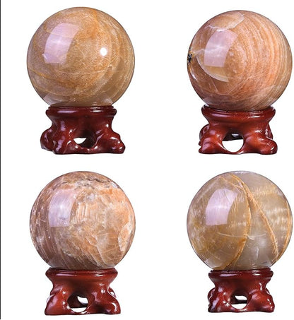 moonsix Natural Orange Moonstone Crystal Sphere with Resin Stand Healing Energy Stone Decorative Ball Sculpture for Home Office Tabletop, 51-60 mm