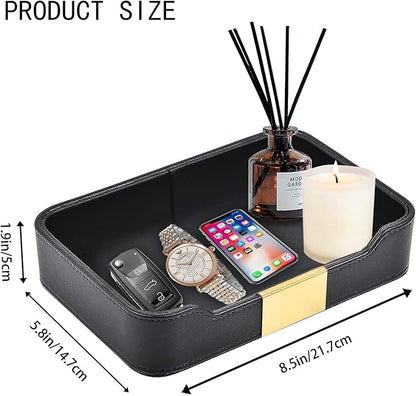 Leather Tray Desktop Storage,Luxury Nightstand Organizer Decorative Tray,for Entryway Table to Hold Jewelry Watch Cosmetics Keys Phone Wallet Home & Office Accessories,Black, 8.5L x 5.7W x 1.8H