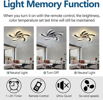 Ceiling Fan with Lights Remote Control, Black Modern Ceiling Fan with Light, 3 Light Color 6 Speeds Low Profile Flush Mount Ceiling Fan for Kitchen Bedroom Living Room