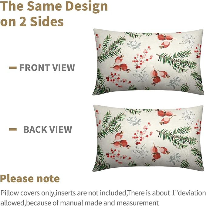 Beige Christmas Lumbar Pillow Covers 12x20 Set of 2 Green Red Xmas Twigs Rustic Decorative Outdoor Farmhouse Zipper Pillowcases Decorations Winter Holiday Throw Cushion Cover Decor for Couch Sofa Bed