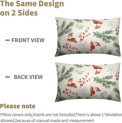 Beige Christmas Lumbar Pillow Covers 12x20 Set of 2 Green Red Xmas Twigs Rustic Decorative Outdoor Farmhouse Zipper Pillowcases Decorations Winter Holiday Throw Cushion Cover Decor for Couch Sofa Bed