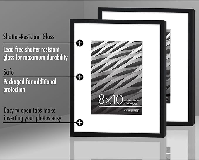 Americanflat 8x10 Picture Frame with Shatter-Resistant Glass - Set of 2 - Use as 5x7 Frame with Mat or Display 8x10 Photo Without Mat - Streamline Collection - Tabletop or Wall Display - Black