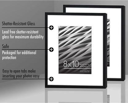 Americanflat 8x10 Picture Frame with Shatter-Resistant Glass - Set of 2 - Use as 5x7 Frame with Mat or Display 8x10 Photo Without Mat - Streamline Collection - Tabletop or Wall Display - Black