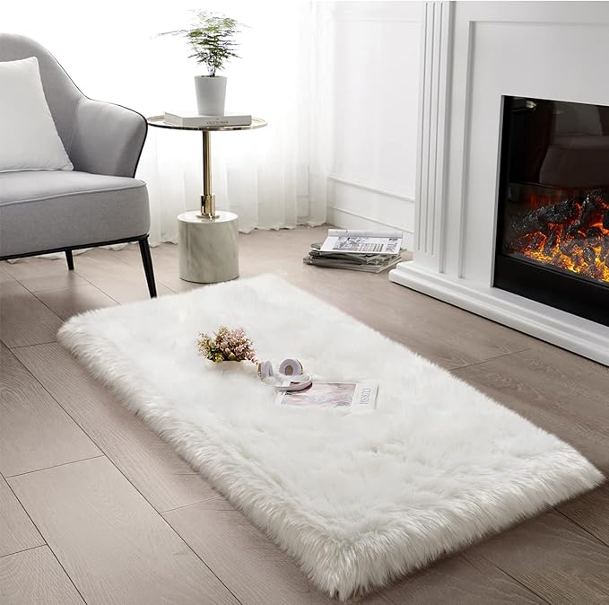SERISSA Ultra Soft Faux Fur Area Rug White Fluffy Rug Plush Chair Cover Seat Pad Fuzzy Carpet Furry Besides Rug for Bedroom Floor Sofa Living Room 2x4 Feet (Rectangular, White)