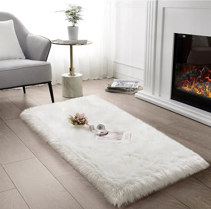 SERISSA Ultra Soft Faux Fur Area Rug White Fluffy Rug Plush Chair Cover Seat Pad Fuzzy Carpet Furry Besides Rug for Bedroom Floor Sofa Living Room 2x4 Feet (Rectangular, White)