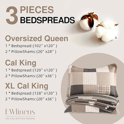 EWlinens 100% Cotton 120"x128" Oversized California King Bedspread - Reversible Patchwork Plaid Extra Large Quilt Bedding Set, Cal King Bedspreads Coverlet Set, Lightweight Quilts, 3pcs, Brown/Beige