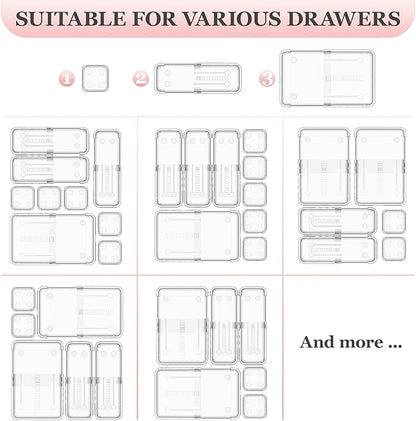 DILIBRA 16 Pcs Clear Extendable Drawer Organizer, Adjustable Drawer Storage 3-Size Desk Drawer Organizer, Plastic Non-Slip Storage Bins for Makeup, Cosmetic, Jewelries, Utensils, Stationery, Dressers