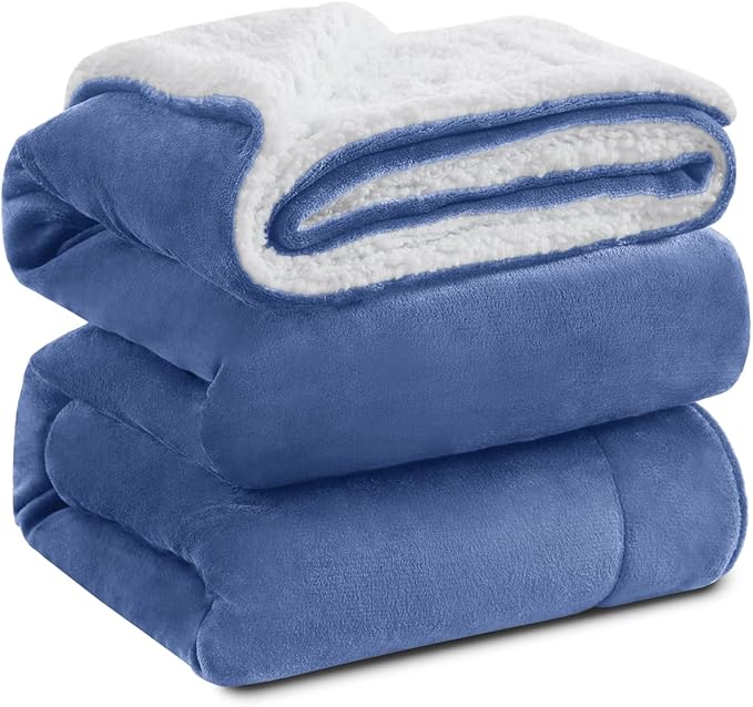 KAWAHOME Sherpa Fleece King Size Blanket for Bed - Extra Warm and Heavy Thick Blankets for Winter, Super Soft 500GSM Plush Blanket, 108" X 90" Washed Blue