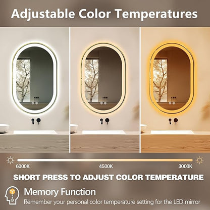 Niccy Oval LED Mirror for Bathroom, 32x20 Front Lit + Backlit Vanity Mirrors with Light Anti-Fog, Shatter-Proof, 3 Colors, Makeup Mirror with Old Gold Frame (Horizontal/Vertical)