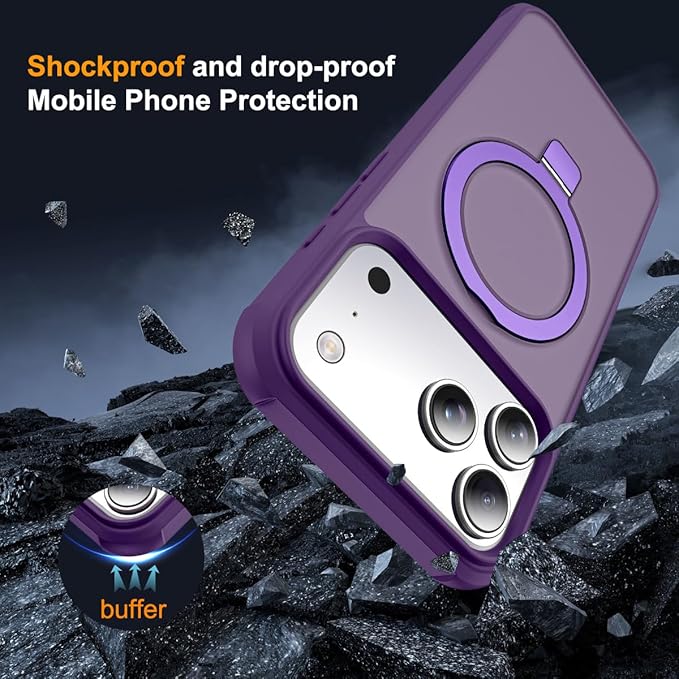 Compatible with iPhone 17 Pro Case with Invisible Magnetic O-Ring Stand Military-Grade Translucent Phone Case for iPhone 17 Pro 6.3" [Compatible with Mag-Safe][Great Grip Feeling], Purple