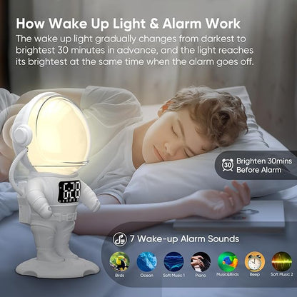 Astronaut Sunrise Alarm Clock for Kids, White Noise Sound Machine with 30 Soothing Sounds, 22 Dimmable Nightlights, Bluetooth Speaker, Dual Digital Alarm Clocks, Wake Up Light for Bedroom, Adults