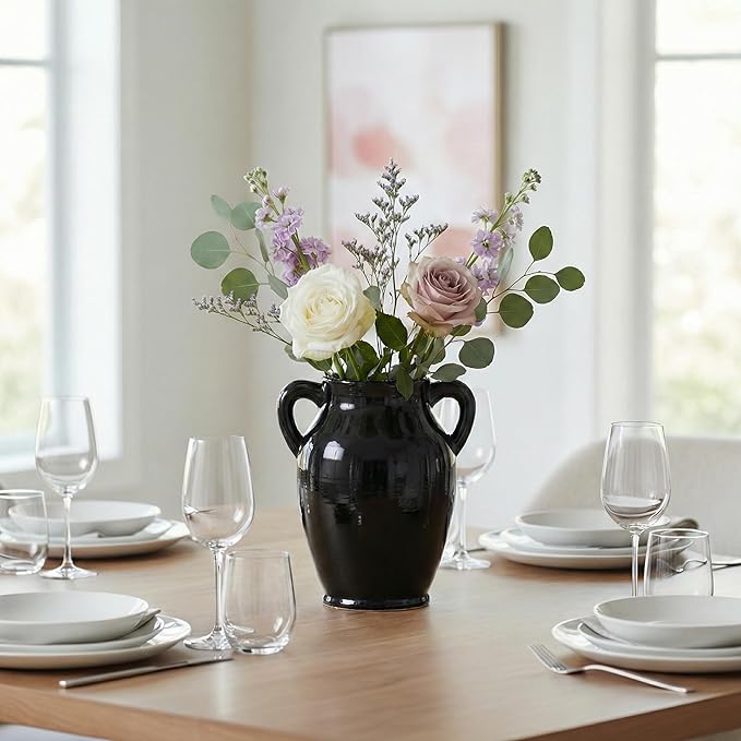 Sunddo Black Ceramic Vase - 8 Inch Modern Decorative Vase with 2 Handles, Black Centerpiece for Home Decor, Living Room, Kitchen Table, Mantle Fireplace, Bathroom Decor