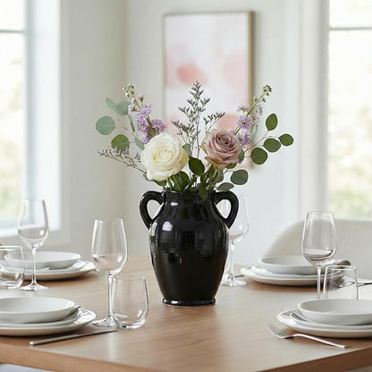 Sunddo Black Ceramic Vase - 8 Inch Modern Decorative Vase with 2 Handles, Black Centerpiece for Home Decor, Living Room, Kitchen Table, Mantle Fireplace, Bathroom Decor