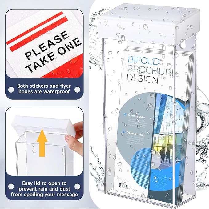 Remerry 1 Pcs Outdoor Brochure Holder 4 x 9 Inch Waterproof Wall Mount with Take One Sticker Literature Box with Clear Pamphlet Holder Acrylic Brochure Flyer Display Map Menu Envelope (Classic White)