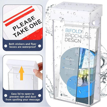Remerry 1 Pcs Outdoor Brochure Holder 4 x 9 Inch Waterproof Wall Mount with Take One Sticker Literature Box with Clear Pamphlet Holder Acrylic Brochure Flyer Display Map Menu Envelope (Classic White)