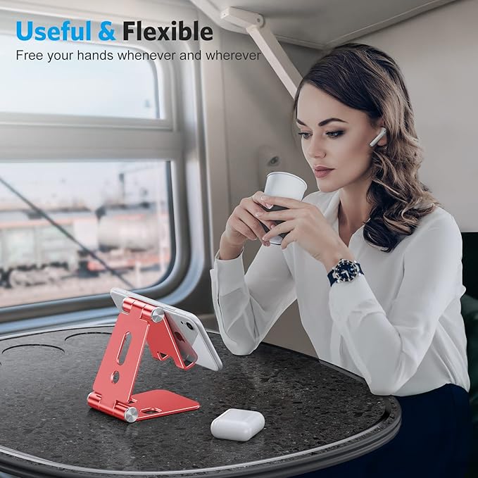 OMOTON Foldable Cell Phone Stand, C4 Portable Aluminum Phone Holder, Adjustable Phone Dock Cradle Compatible with iPhone 17/16/15 Pro Max Air, Samsung Galaxy, Small Tablets and Other Phones, Red