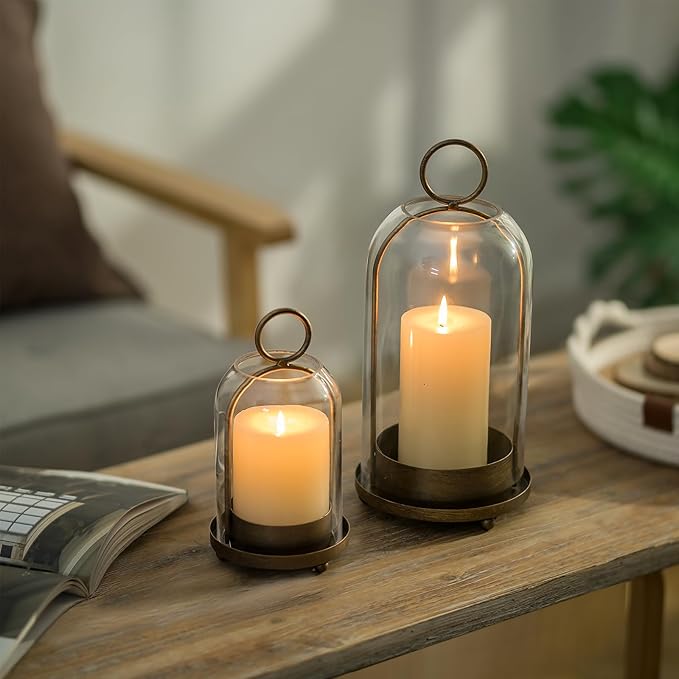 Sziqiqi Hurricane Candle Holder Lanterns: Pillar Candle Holders Set of 2 for Outdoor - Antique Brass Metal Candleholder with Glass Dome for Living Room Table Centerpiece